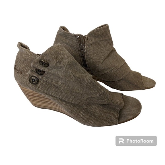 Blowfish Women's Shoes Wedge Heel Brown Size 8 Peep Toe Decorative Buttons. - Picture 1 of 8